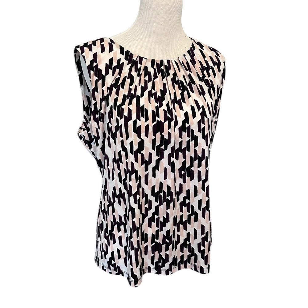 Calvin Klein Blouse Womens XL Pink Black Geometric Pleated Shell Polyester - Picture 2 of 16